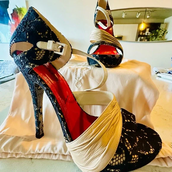 Cesare Paciotti Black and Cream Lace Heels